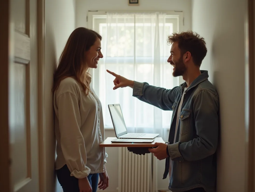 A couple in a small apartment arguing playfully about furniture arrangement pointing at a fold-down table