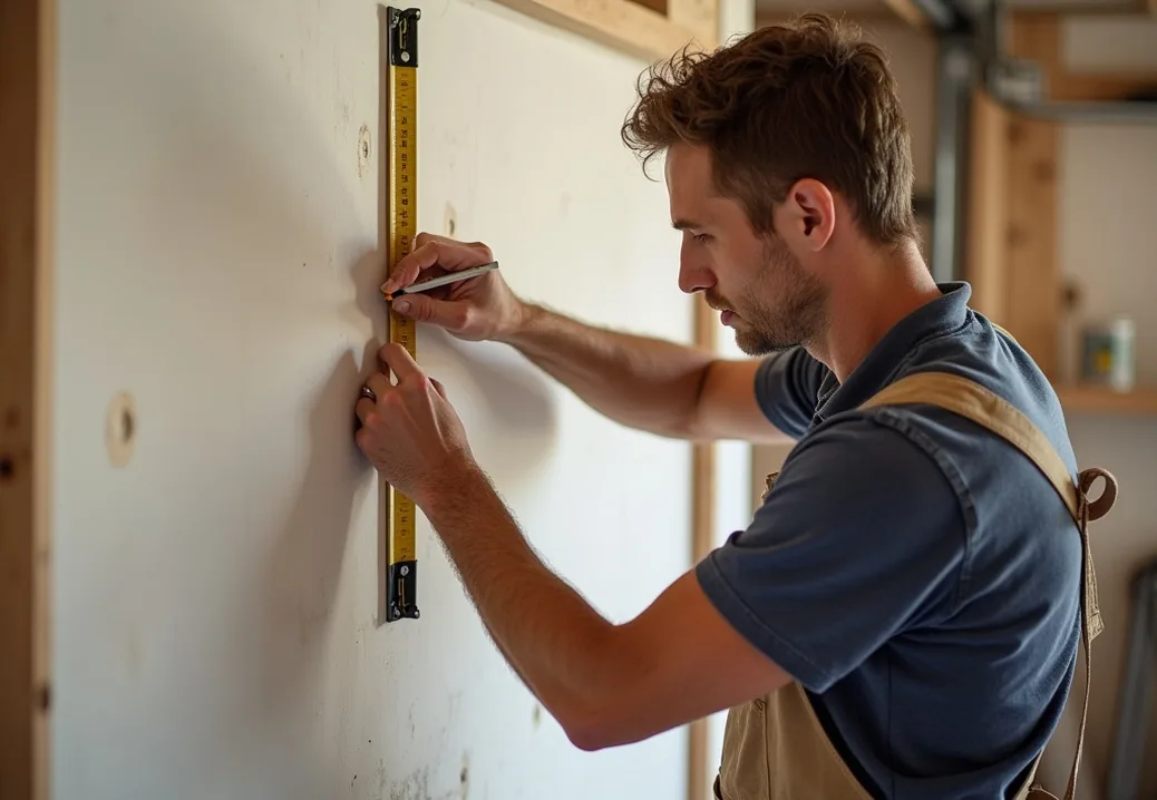 Craftsperson measuring and marking a wall with pencil and level tool before installing a folding table