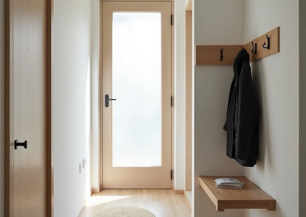 Folding wall table in a hallway entryway used as keys and mail drop zone