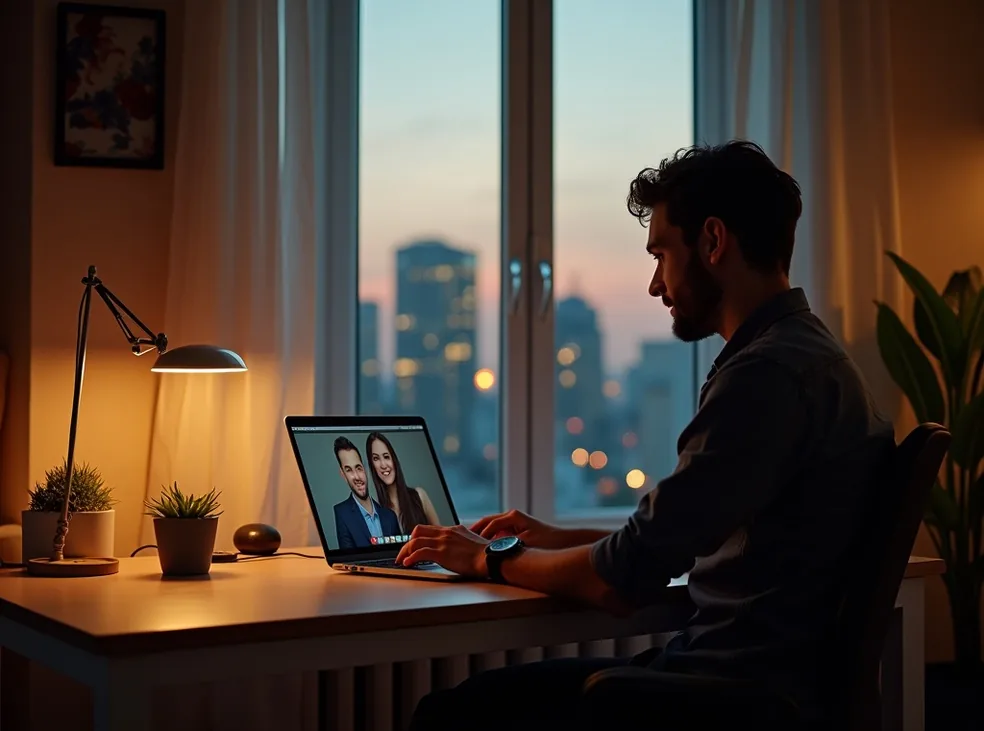 Man in his 30s using a fold-down wall desk in a converted room
