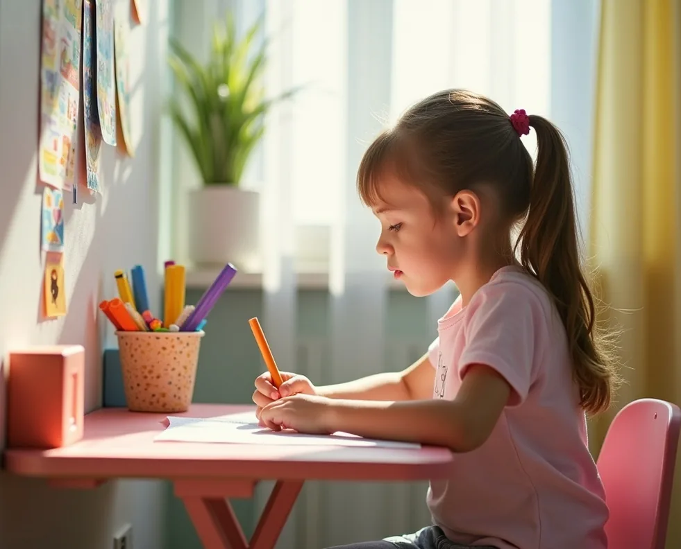 Teenage girl doing homework at a pastel-colored fold-down kids desk mounted on the wall