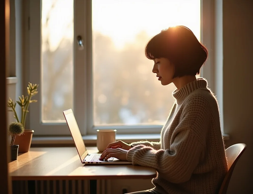 Young woman sitting at a fold-down wall desk in a bright Warsaw apartment