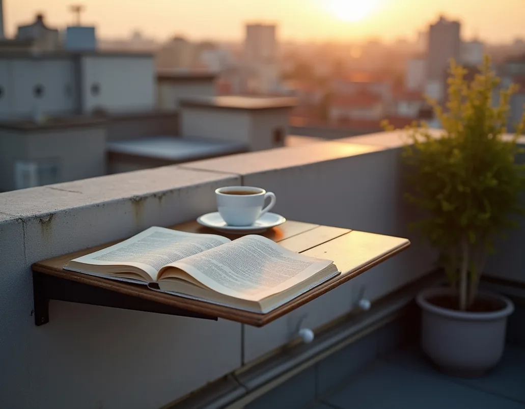 Aerial drone-style view of a rooftop terrace or balcony with a wall-mounted outdoor-capable folding table