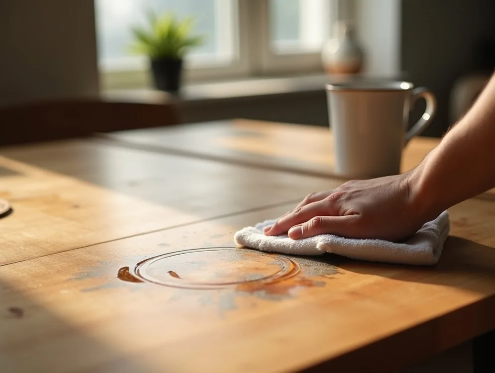Extreme close-up of a pine wood folding table surface with morning coffee cup ring stain being wiped