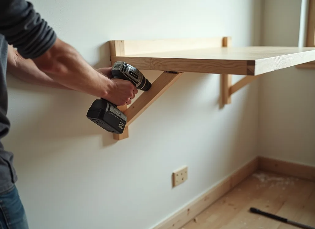 Hands of a man assembling a wall-mounted folding table using a drill close-up of the bracket
