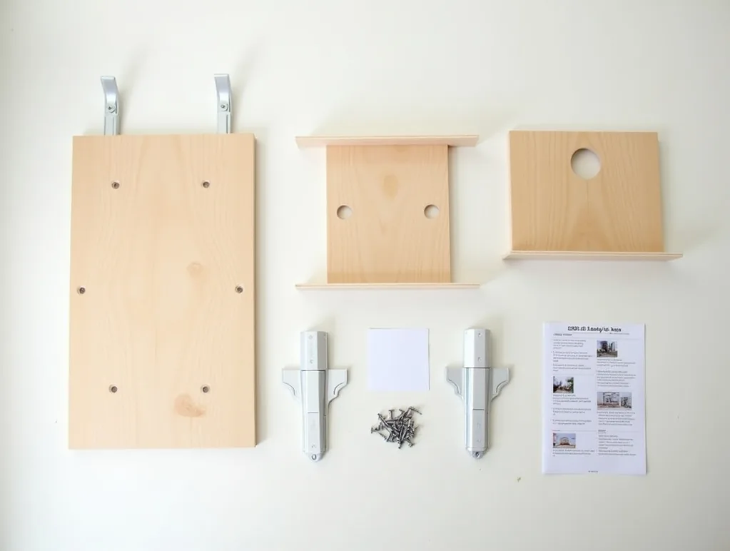 Minimalist flat lay showing components of a flat-pack folding table on white floor