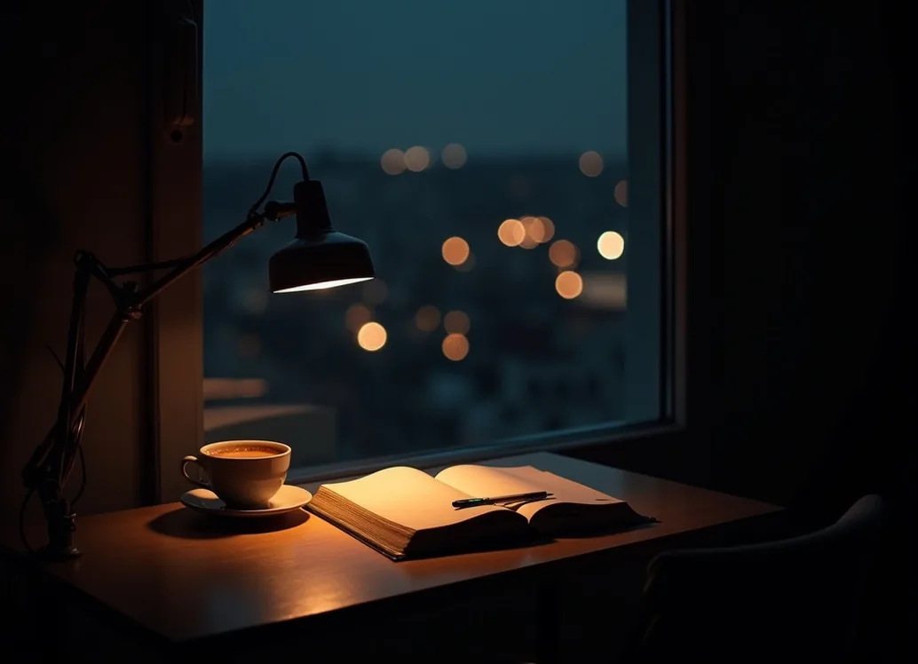 Night scene of a fold-down desk in a dark apartment illuminated by a desk lamp