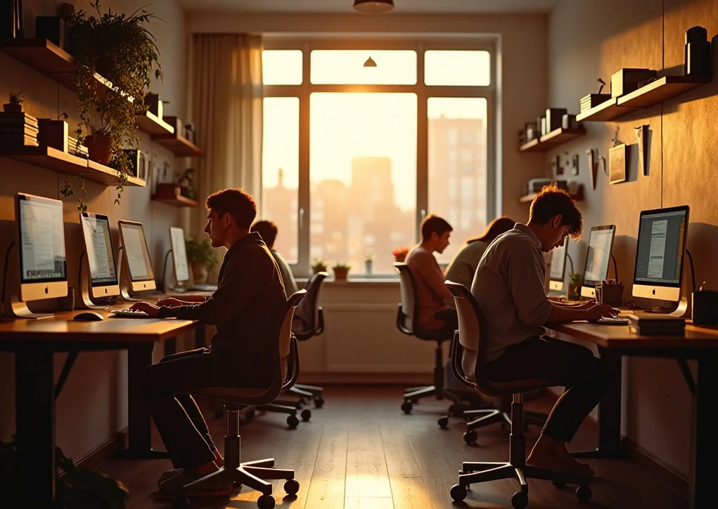 Co-living shared apartment with multiple wall-mounted fold-down desks in use by different people