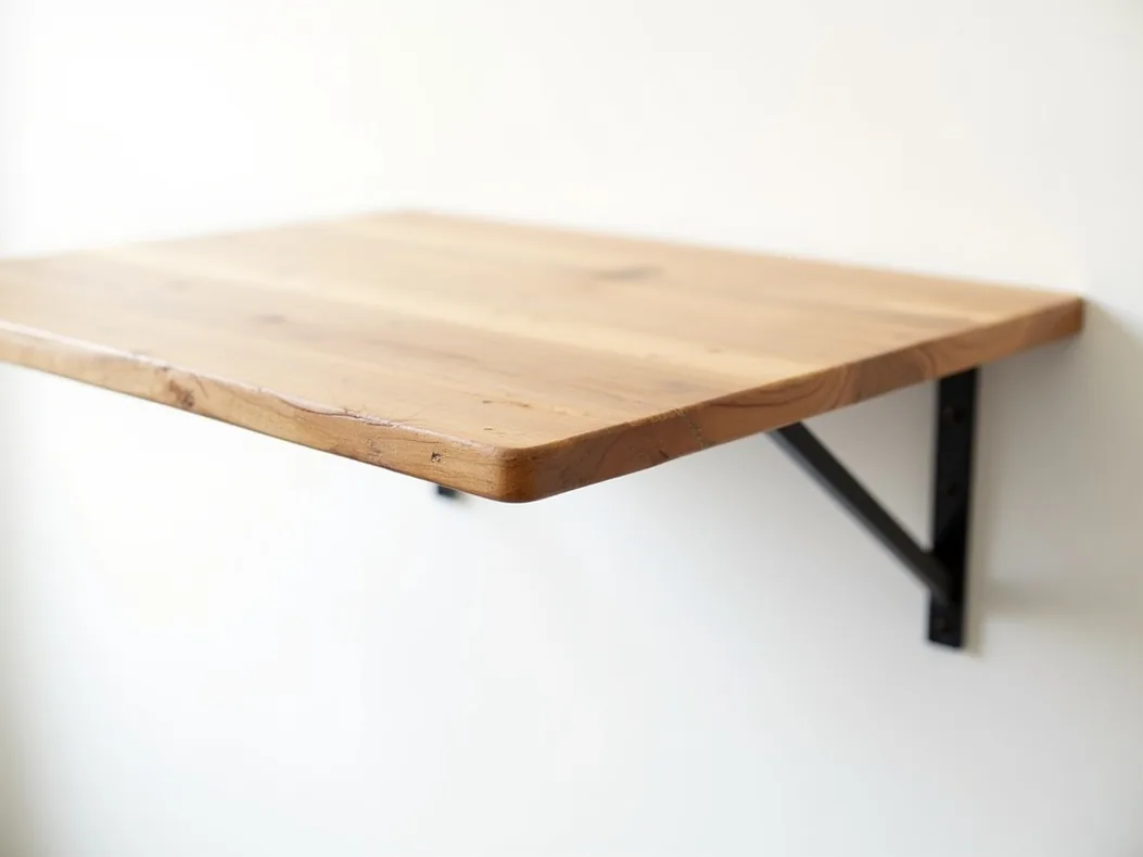 Natural pine wall-mounted folding table with oiled wood finish and recycled metal parts
