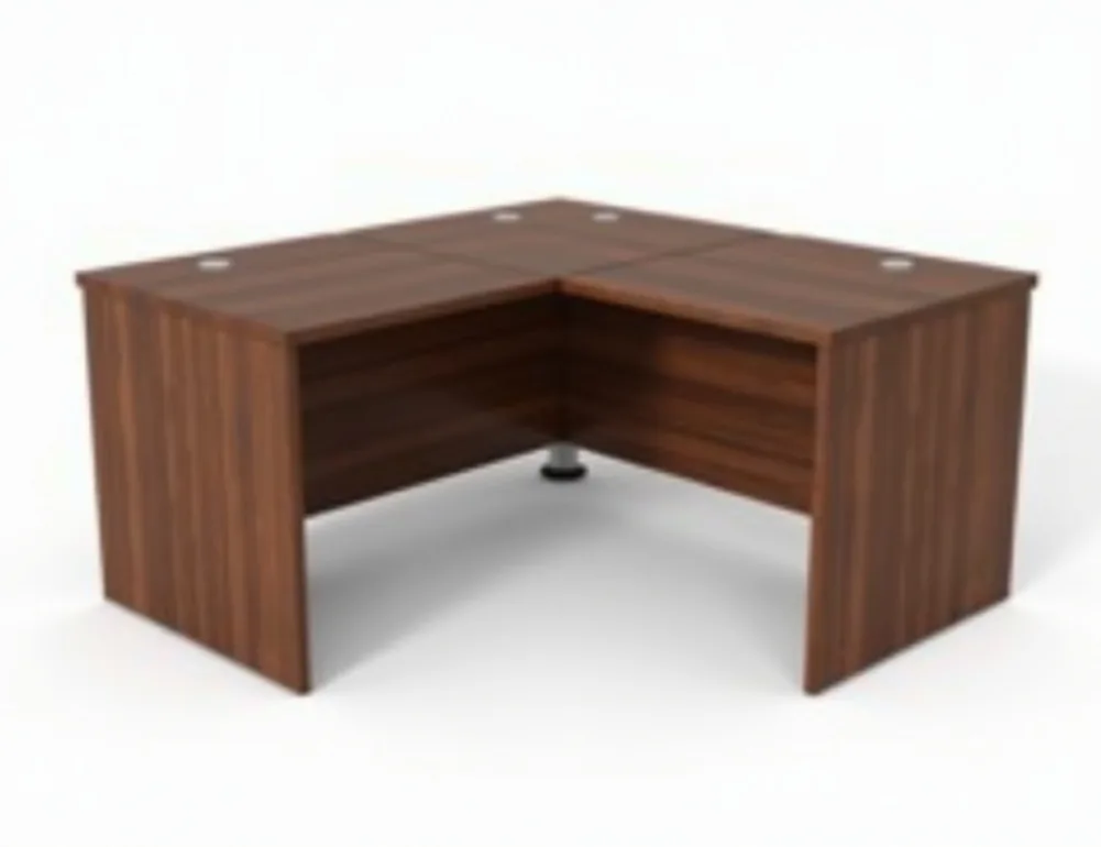 Both corner folding desk panels fully extended at 90-degree angle with walnut veneer
