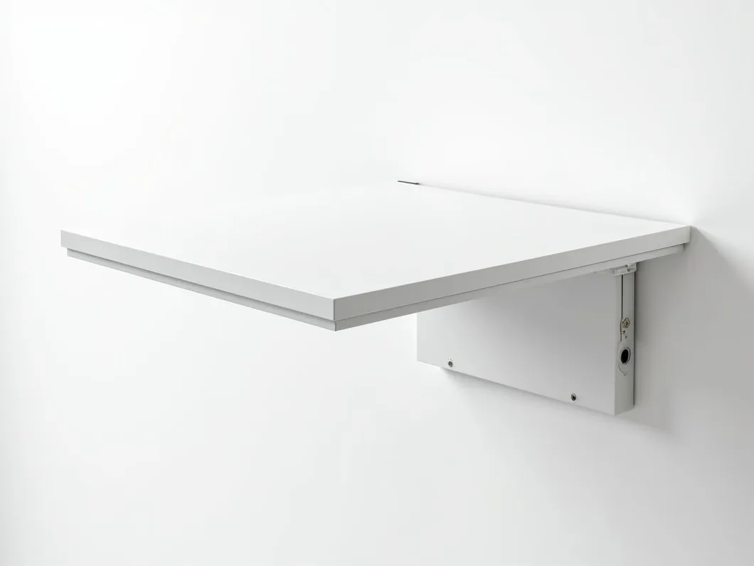 Compact white wall-mounted folding table with lacquered MDF surface fully extended