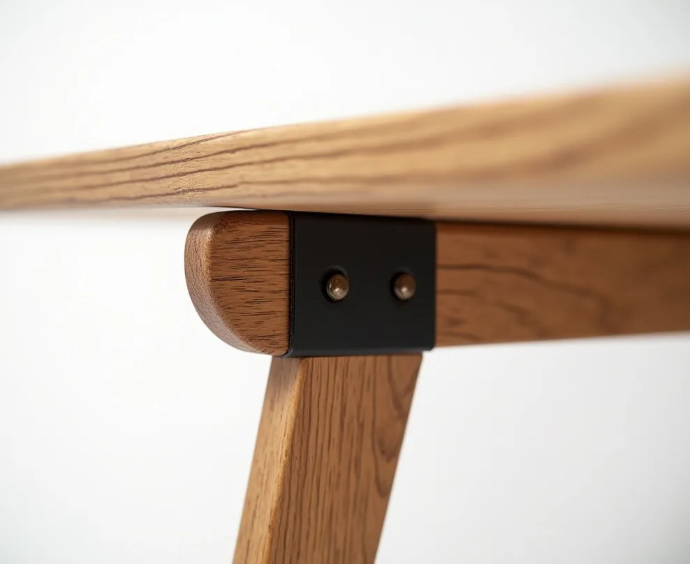 Natural oak wooden folding table bracket and hinge mechanism in folded position