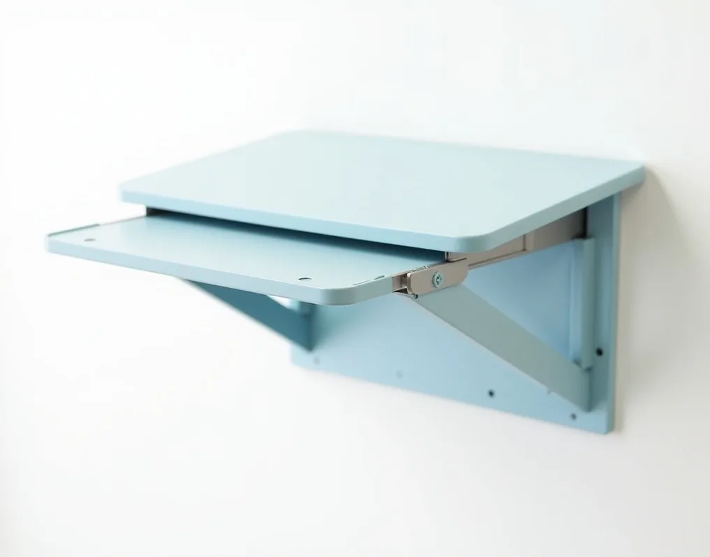 Children wall-mounted folding desk showing slow-release hinge mechanism cross-section