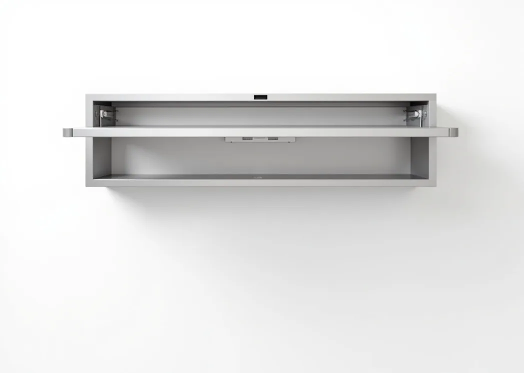 Large wall-mounted fold-down desk with stainless steel frame fully open