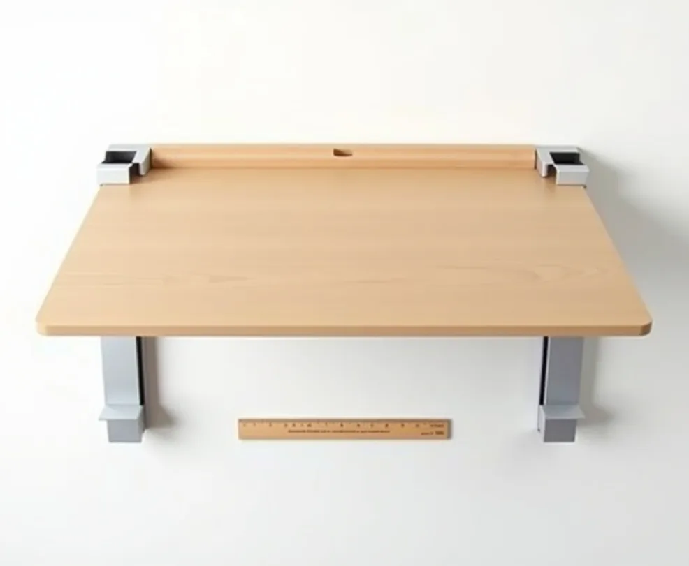 Wall-mounted fold-out workstation with birch plywood surface and aluminum frame